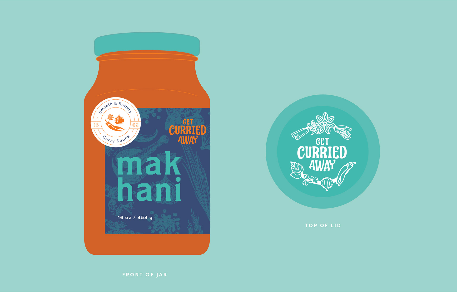 Label design for Get Curried Away's jar of curry.