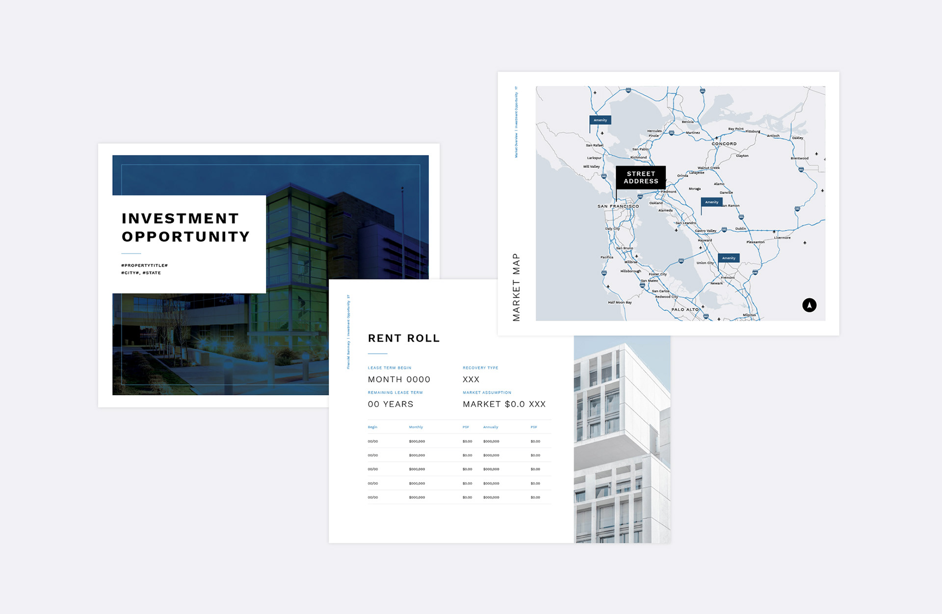 Design of various book pages from a commercial real estate offering memorandum brochure, including a rent roll and market map illustration.