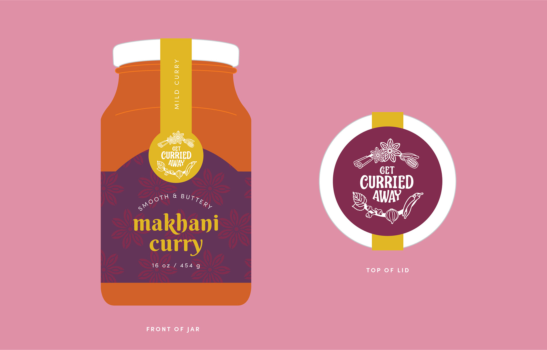 Label design for Get Curried Away's jar of curry.