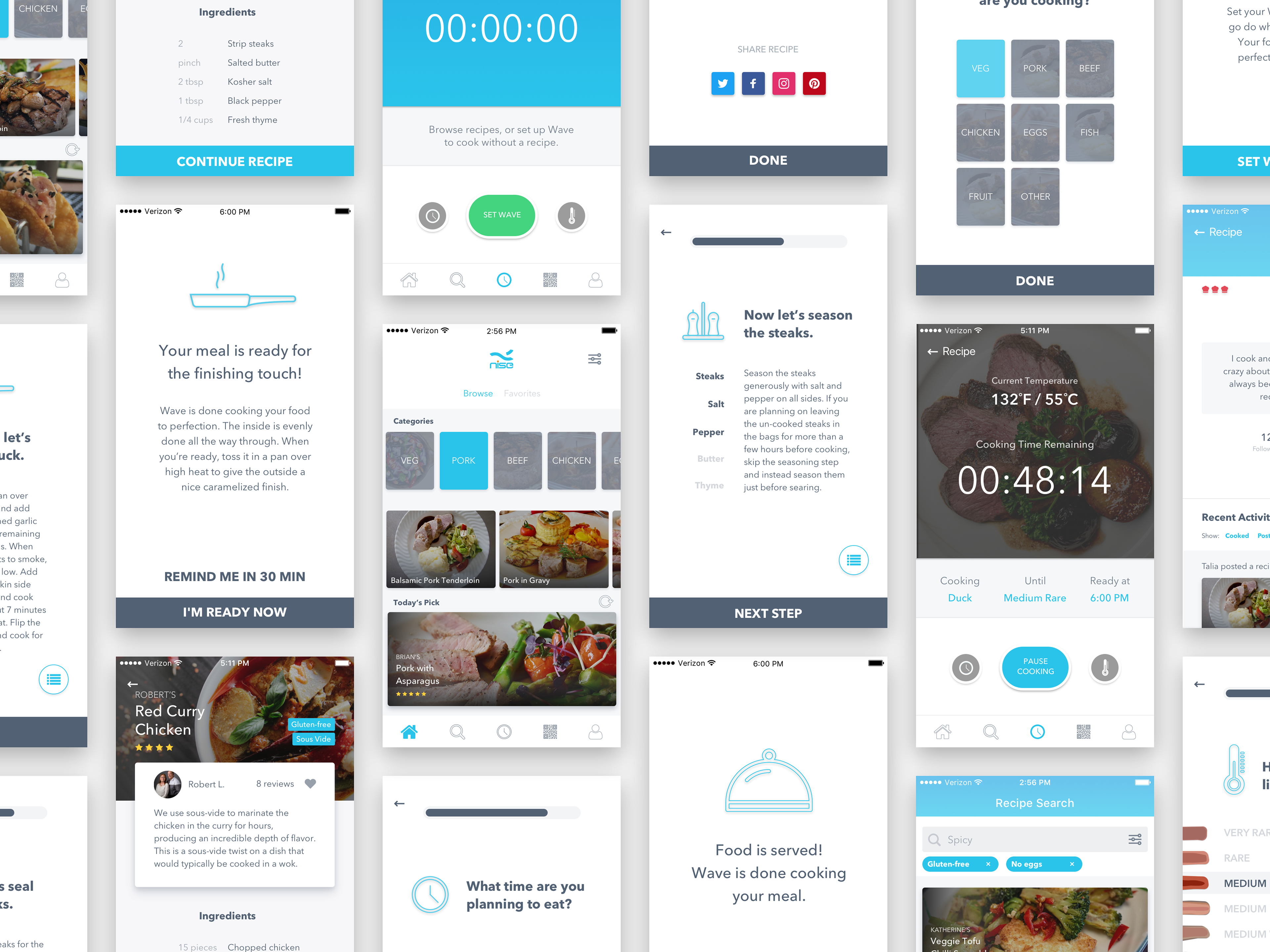 Overview of many different screens and interactions in the Nise App.