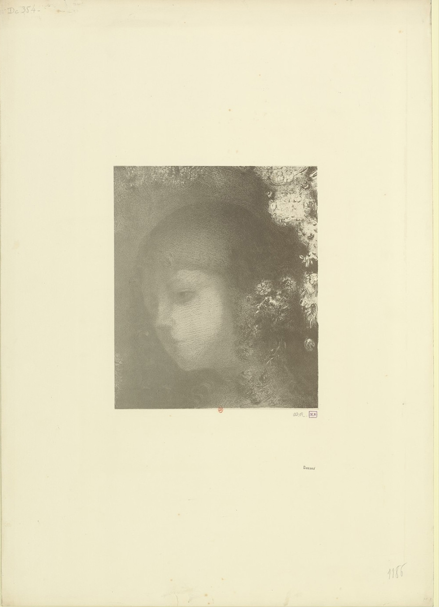 Odilon Redon (1840-1916). Head with Flowers. 1897. Lithography, enhanced in colours, on coated China paper.