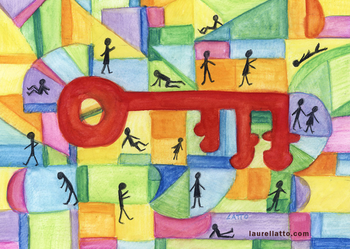 Red Key Metaphor Mosaic Watercolor Artwork Illustration