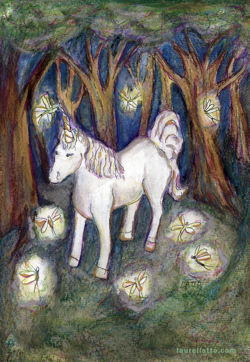 Unicorn Fairies Enchanted Forest Watercolor Painting Illustration