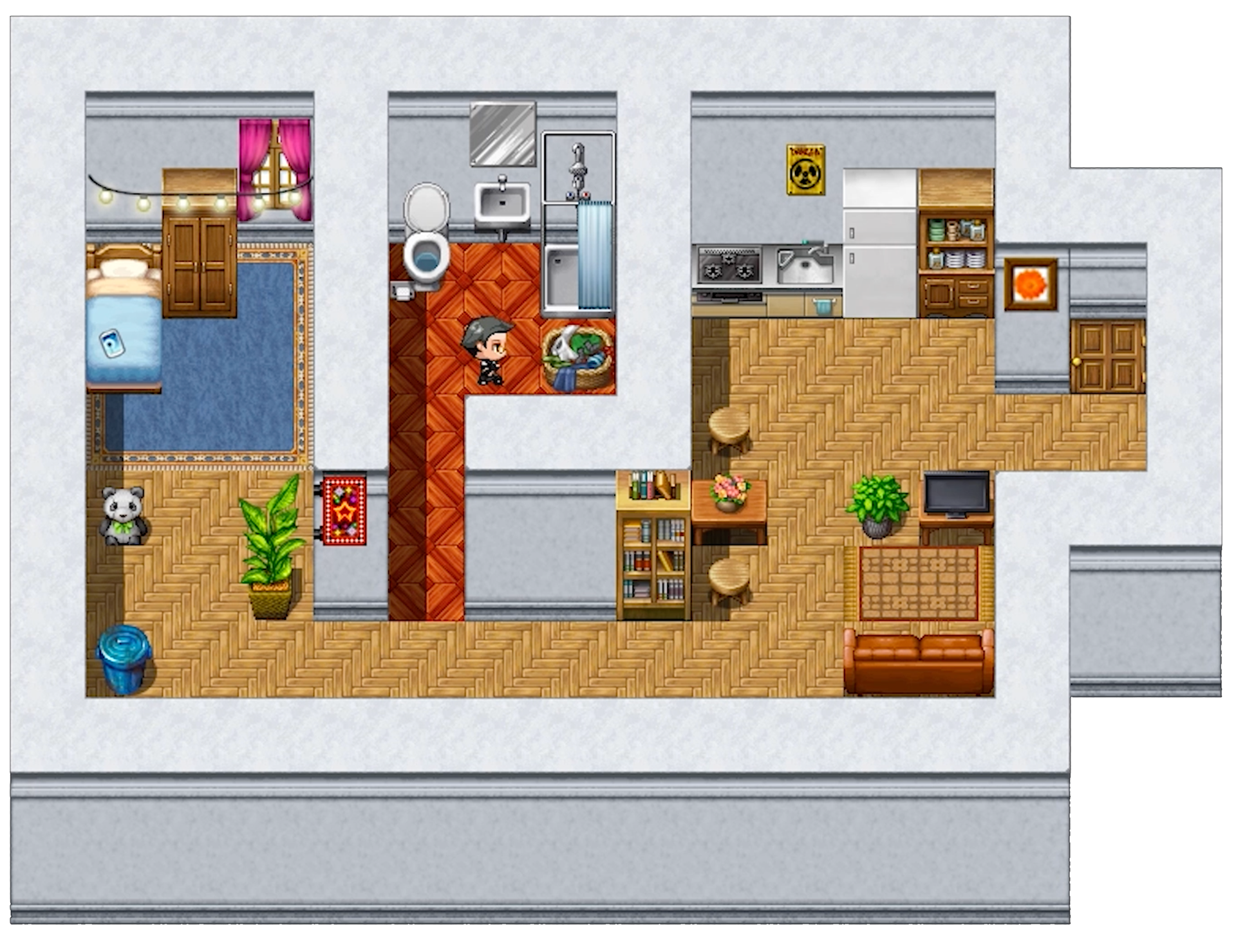 Com visual de video game dos anos 90, chamado de pixel art, vemos um apartamento de chão de taco, com algumas plantas distribuídas. À direita, tem uma porta de madeira clara, logo ao lado a cozinha se junta à sala de TV. Por um corredor, chega-se ao banheiro, que tem piso vermelho em losangos mais escuros, onde tem uma privada, um chuveiro, uma pia com espelho e um cesto de roupa suja. À esquerda, uma panda de pelúcia está no chão, há uma cama, um armário de madeira clara, uma janela com cortina rosa e lâmpadas penduradas da esquerda para direita.