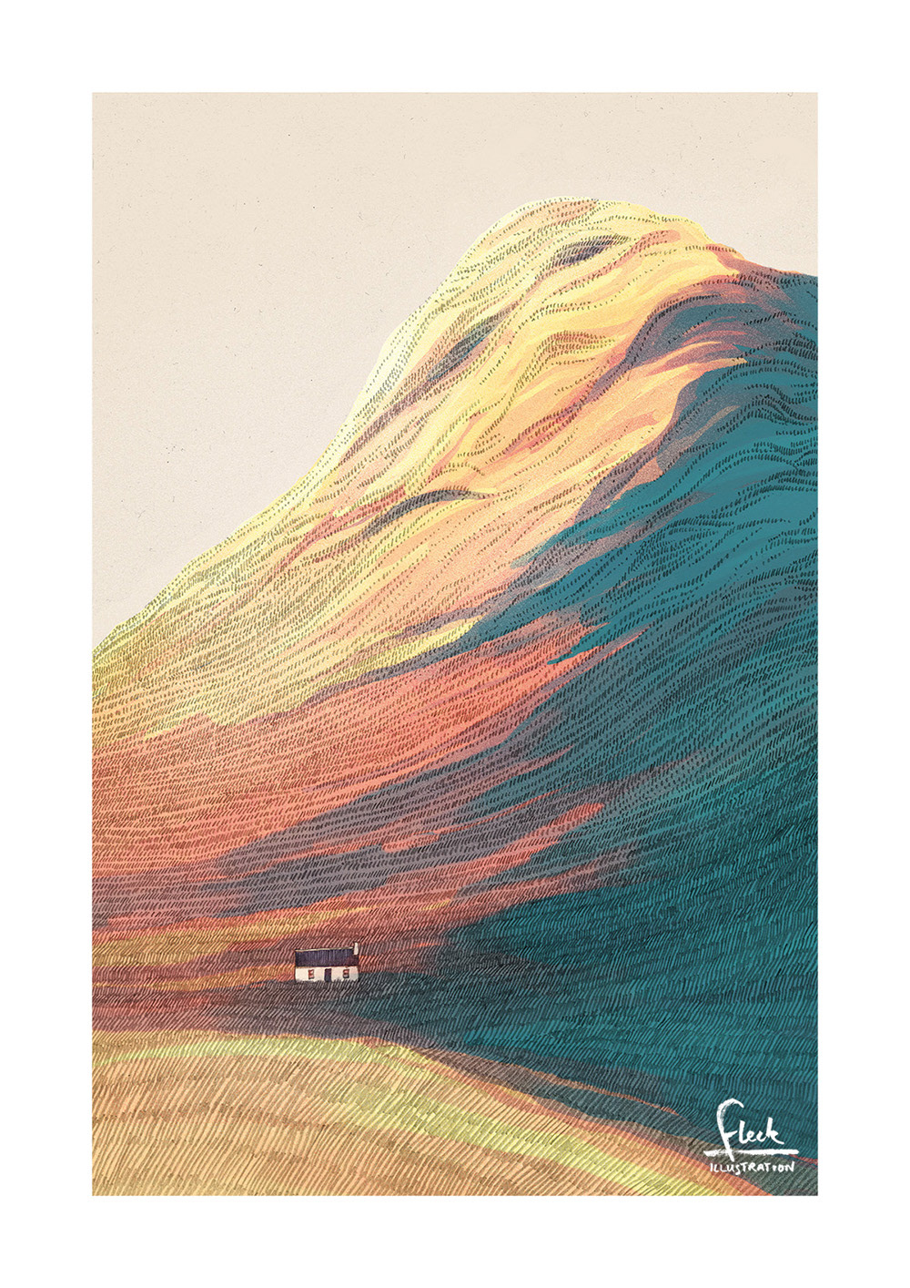 Hand painted illustration of Glen Coe in Scotland, with warm sunset colours.