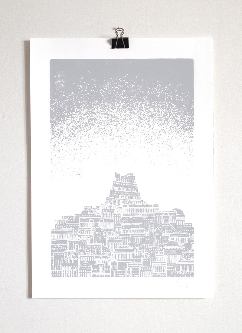 Wooden block print of an imaginary city, inspired by the mythology of the planet Mercury