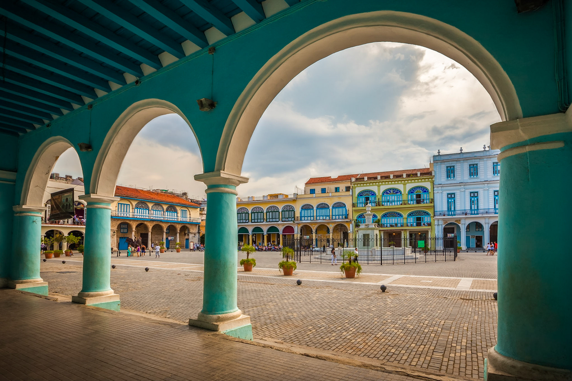 The Old Square or Plaza Vieja from the porch of the Fototeca de Cuba, Old Havana, Cuba.
