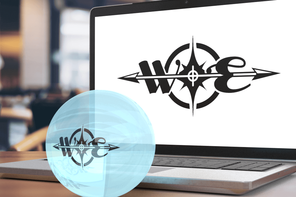 The final version of the logo in black on 3D surfaces