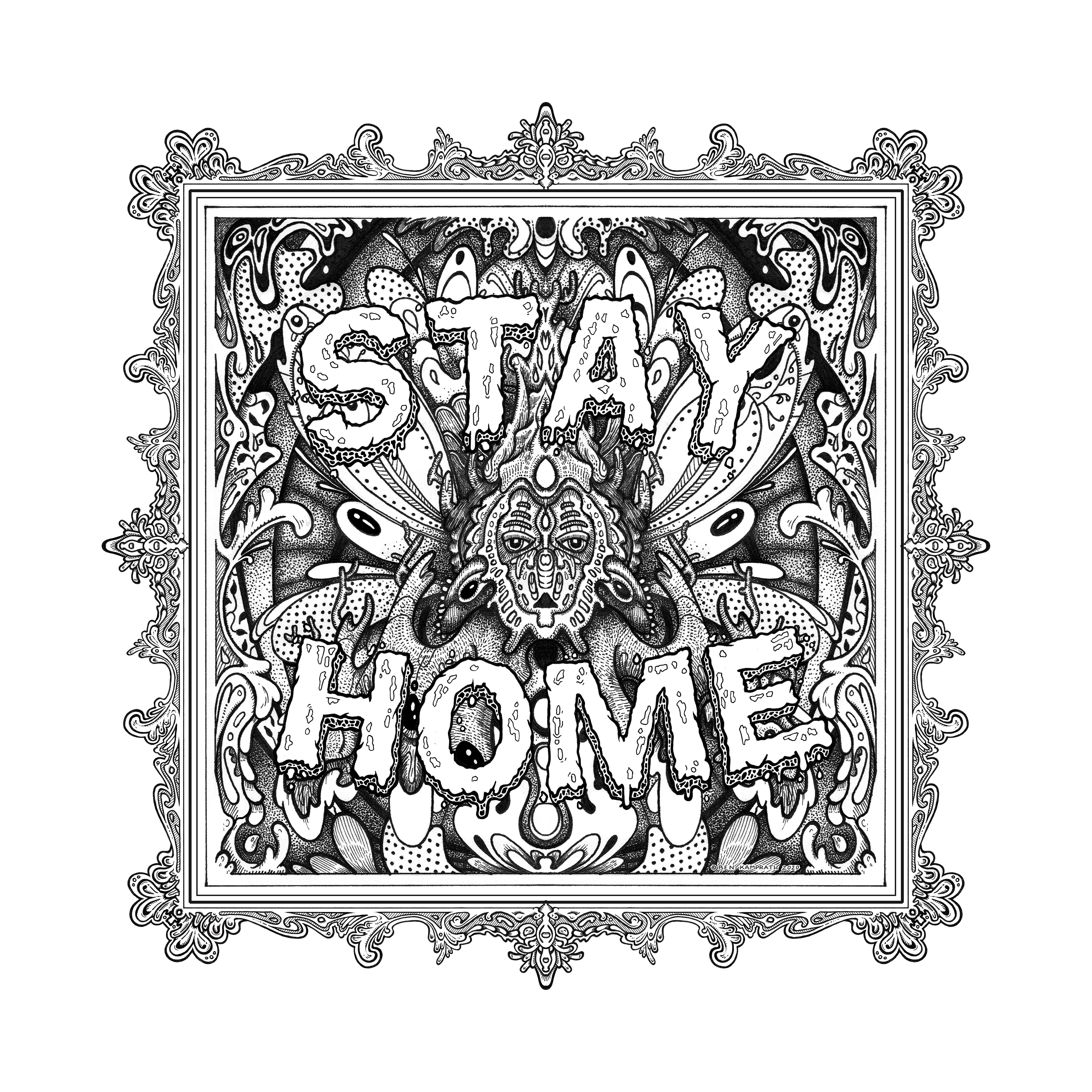 Stay Home Illustration Black and White Lineart by Ben Kamprath