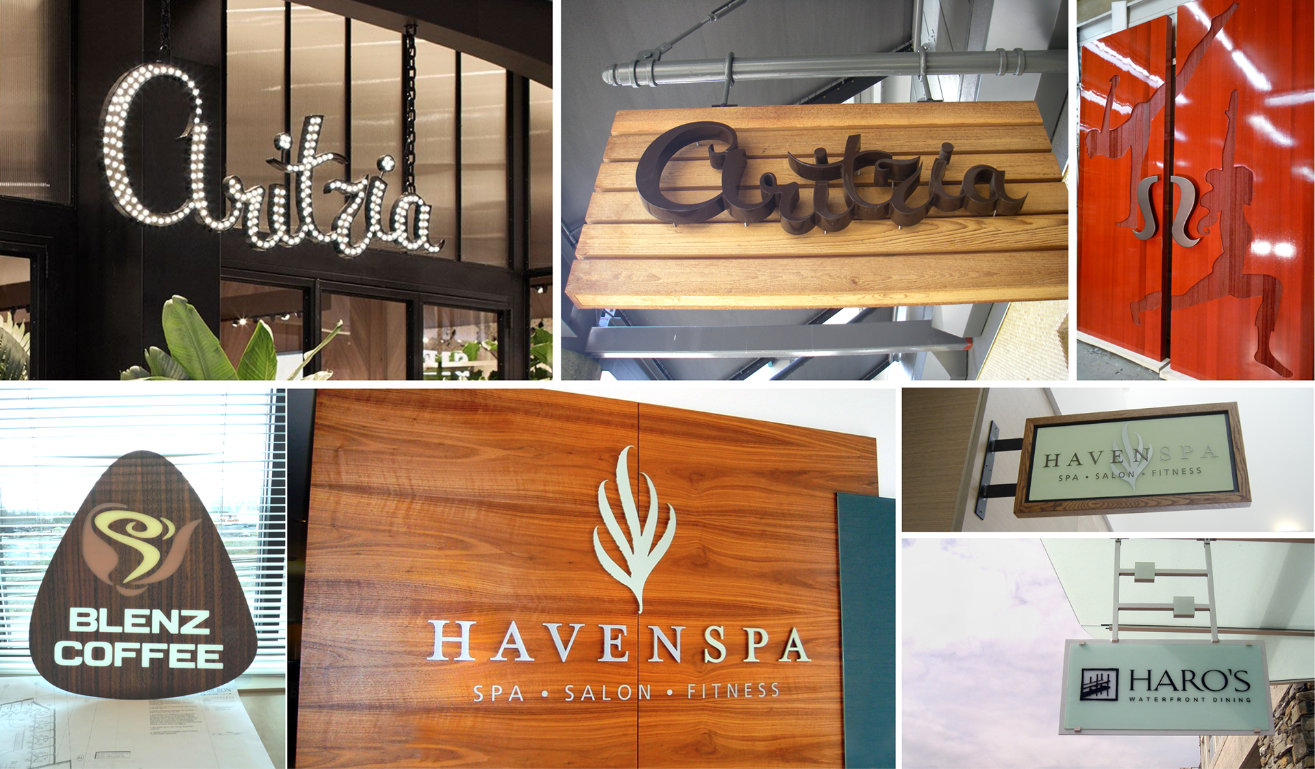 Various retail/service signs in aluminum, acrylic, glass & wood with some illuminated features