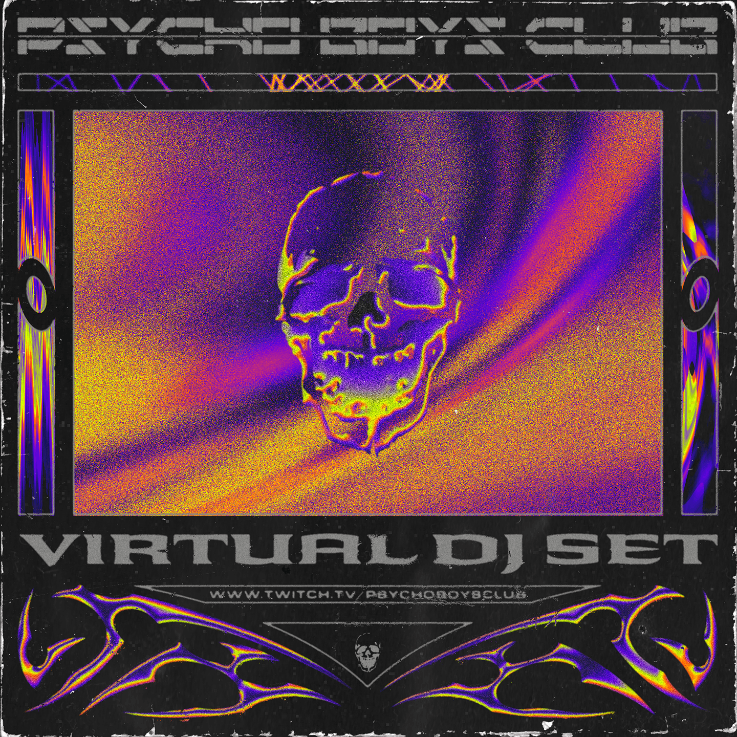 Announcement poster for a virtual DJ set livestream by Psycho Boys Club, held on Twitch.