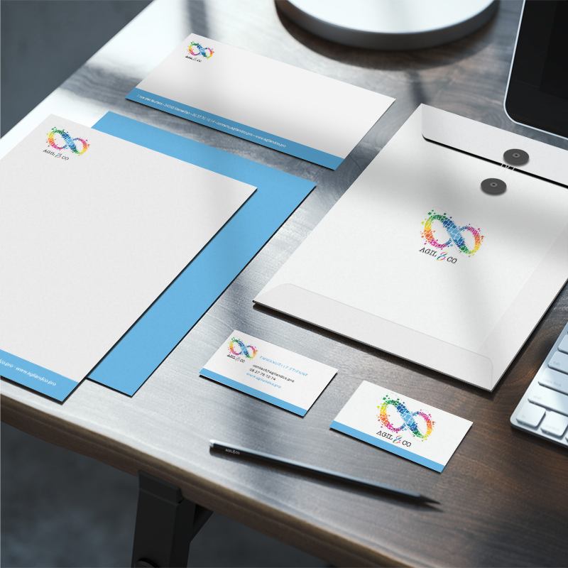 Papier à en-tête, cartes de visite, enveloppe avec le logo Agil & Co.