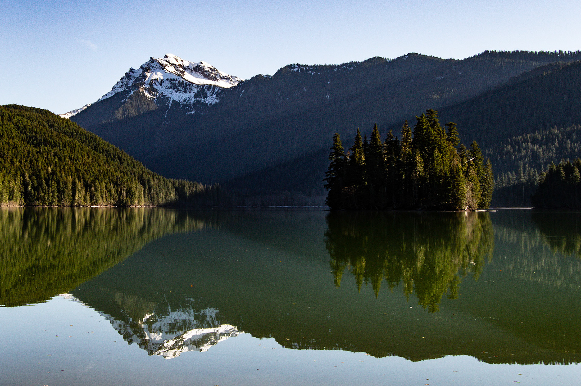 Johnson Peak is framed by Agnes Island over Packwood Lake, GPNF