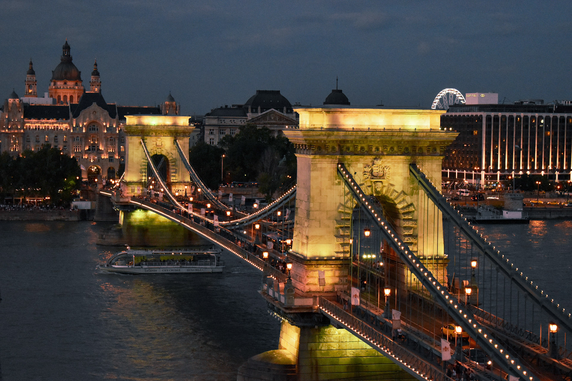 Chain Bridge at Dusk - from our Room at Hotel Clark  - Budapest - June 2019