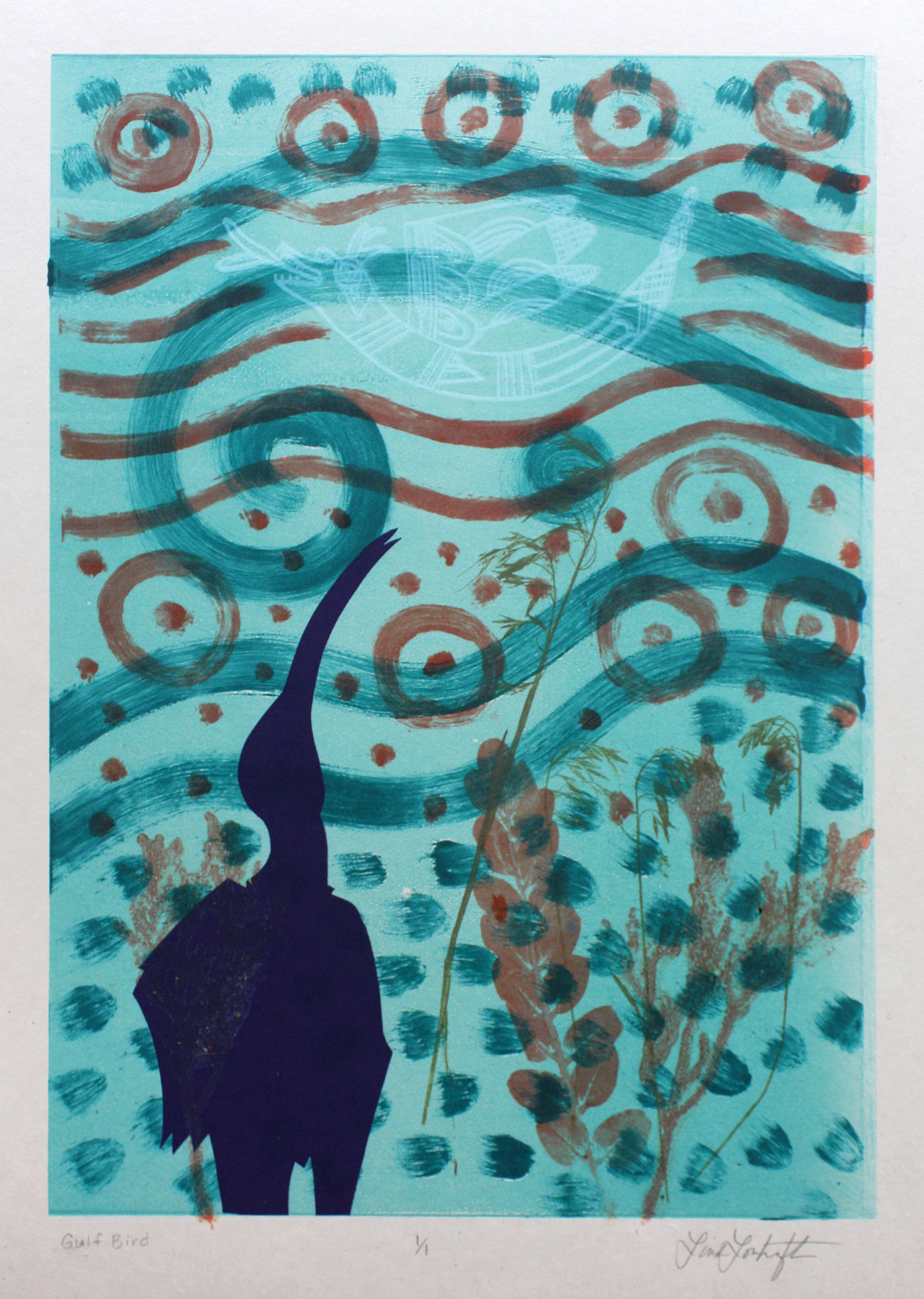 Gulf Bird, Linda Lomahaftewa (Santa Fe, New Mexico), monoprint mounted on paper, $700