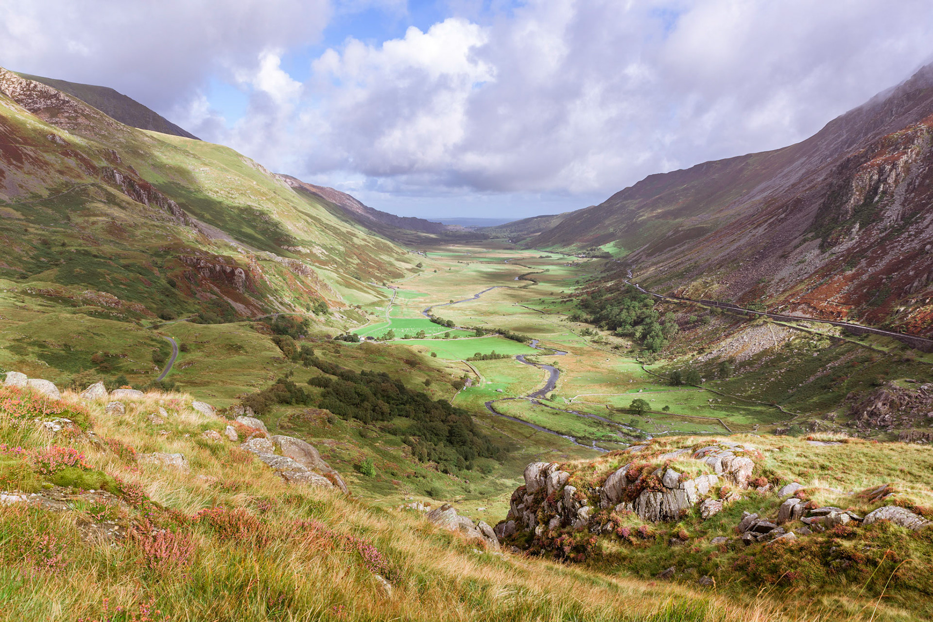 Nant Ffrancon Valley from Foel Goch on the left to Pen yr Ole Wen on the right, Snowdonia National Park, Wales