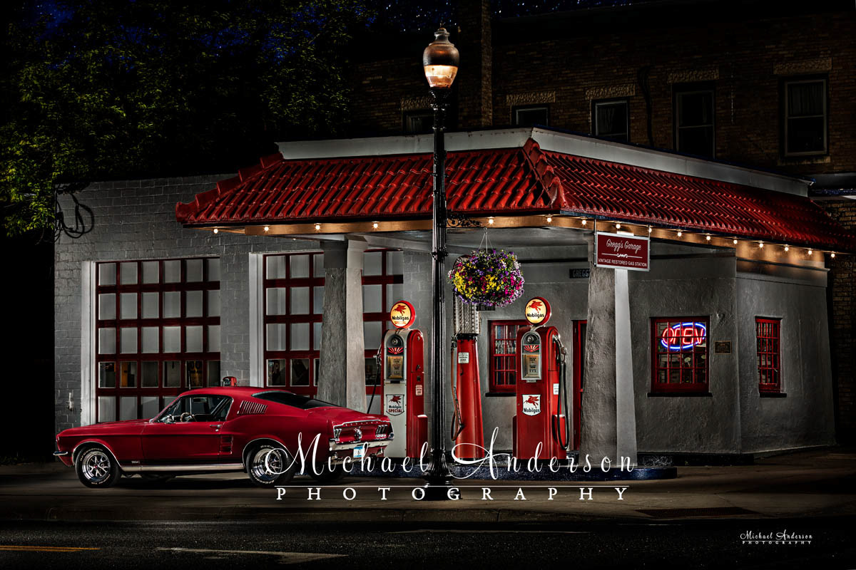 Light painted photograph of a 1967 Ford Mustang at Gregg's Garage Vintage Restored Gas Station in Carver, MN.