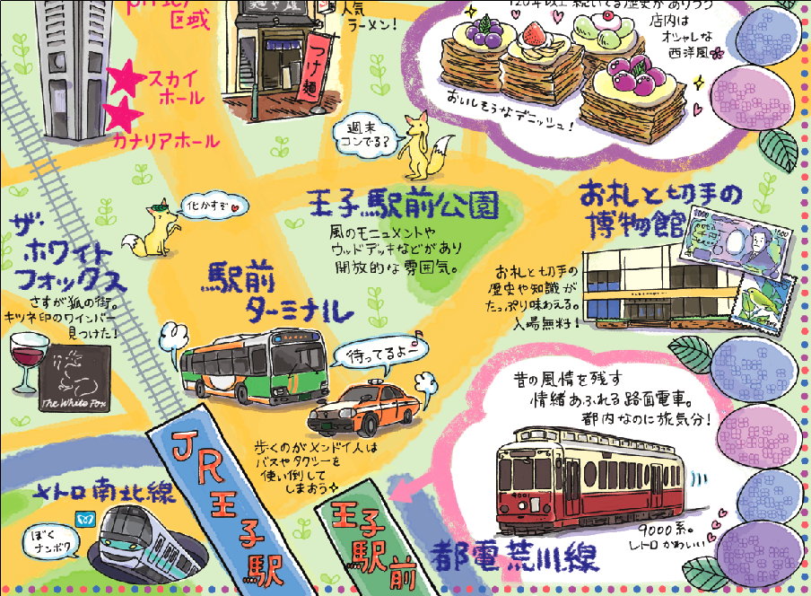 王子小劇場「佐藤佐吉演劇祭2014+公式パンフレット」マップイラスト 部分(2014年)