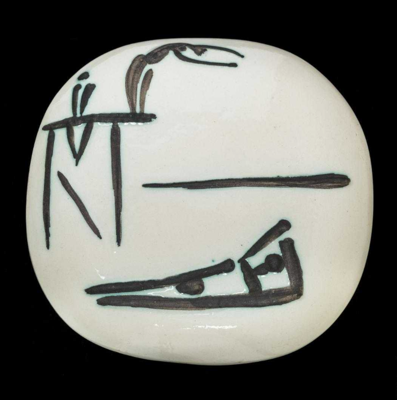 “The Divers (Les Plongeurs)” Original Madoura White Earthenware Ceramic Plaque with Black Oxide & White Glaze, c.1956, Edition:500, “Empreinte Originale de Picasso/Madoura Flein Feu’ on Reverse, Diameter: 7.5”, Reference: Ramie 377, Please Inquire