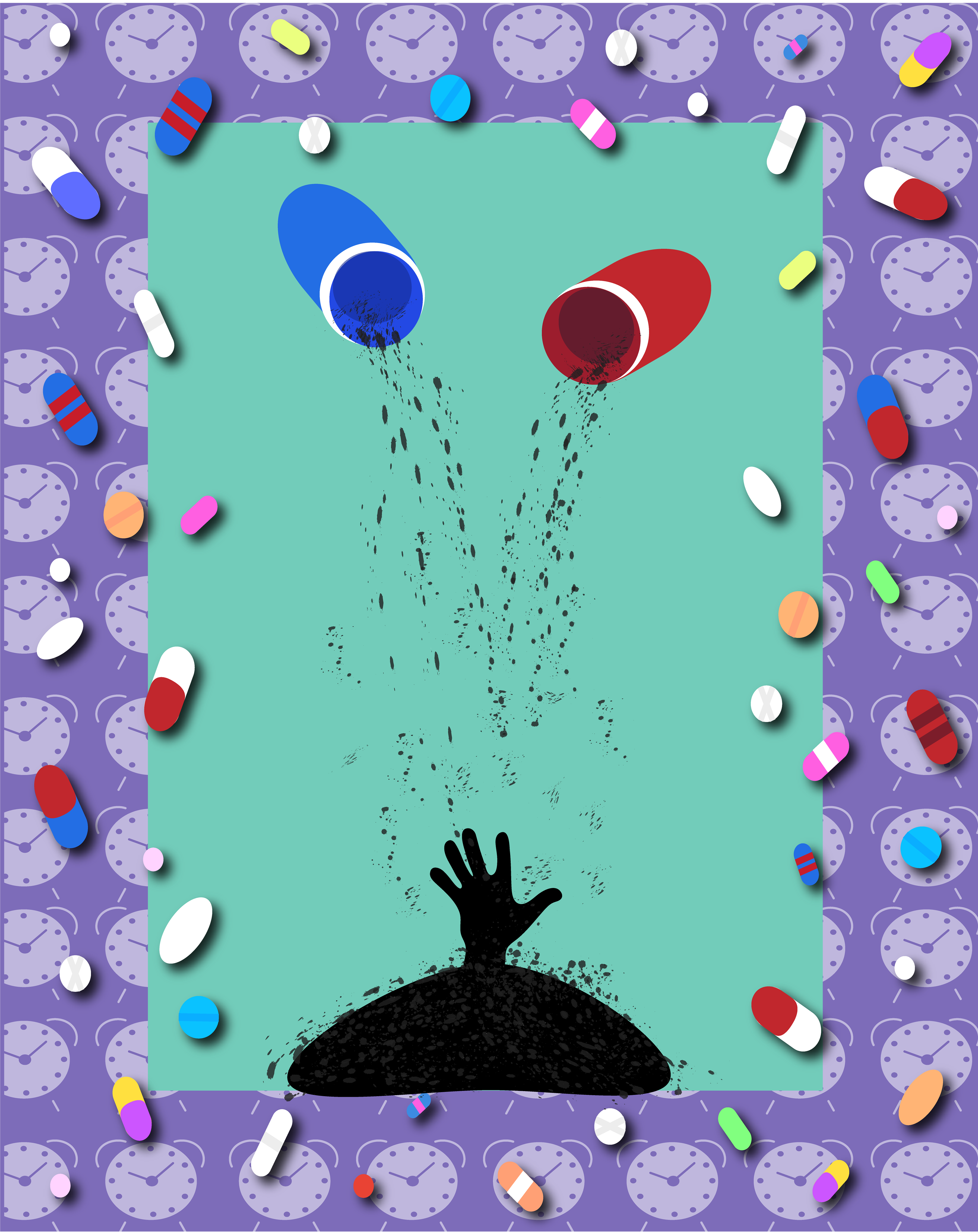 This piece portrays the feeling of being overwhelmed by health issues and the amount of time and effort it takes to become healthy. While pills are symbolic of being very helpful and beneficial, they can be very overwhelming especially for those who are required to take an excessive amounts everyday. This also is symbolic of those struggling with an addiction problems related to drugs.
