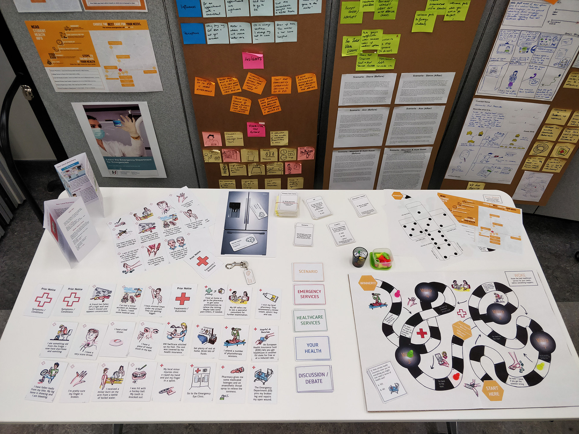 Complete kit showcasing the card game, board game, information leaflets and 'sticky' items such as key chains and fridge magnets.