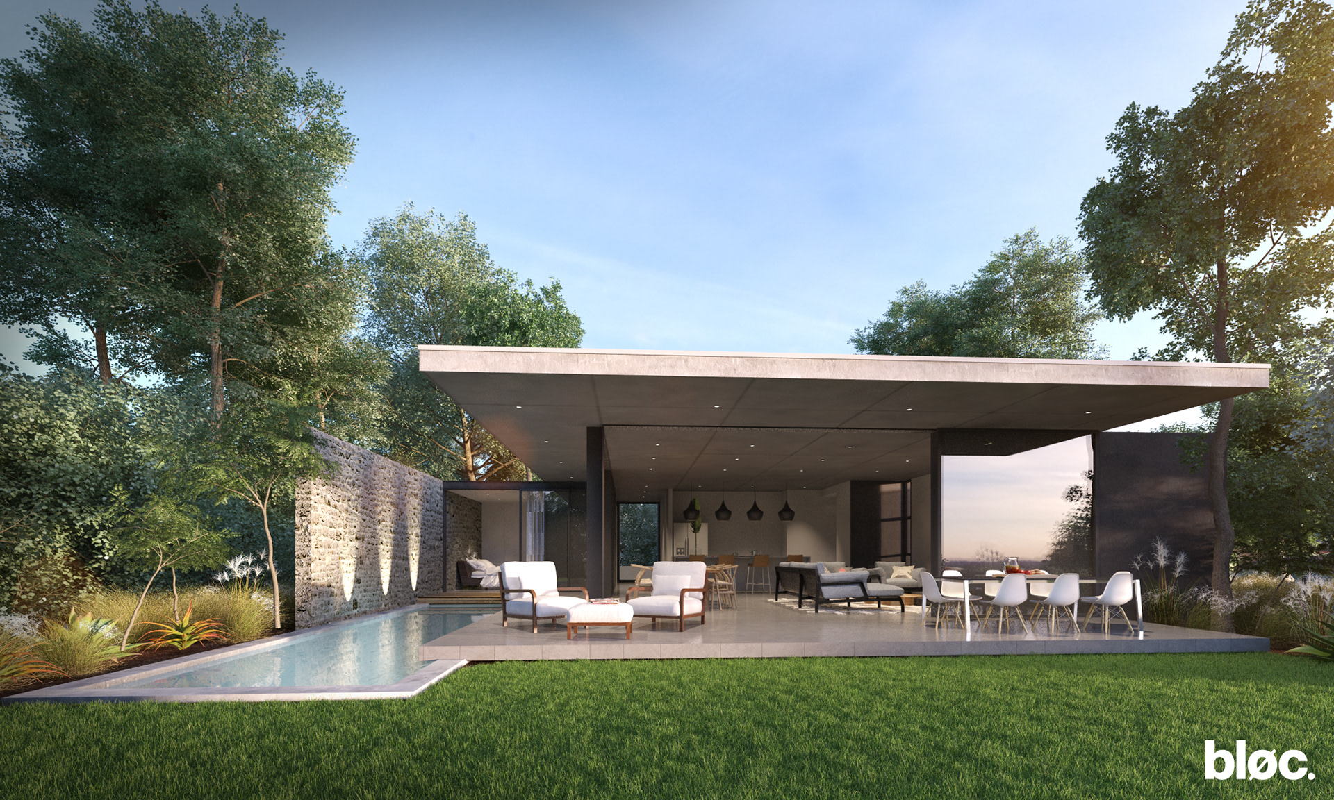 single storey modern home with an outdoor entertainment area and pool