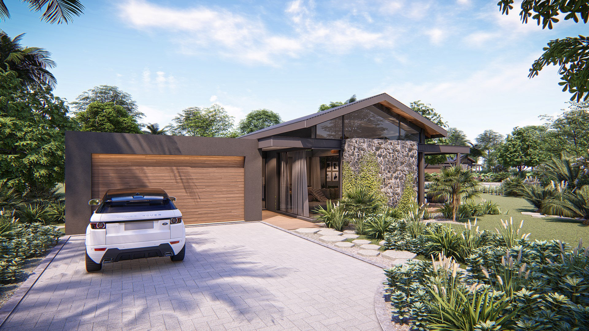 stand alone, single storey modern home with glazed gable ends
