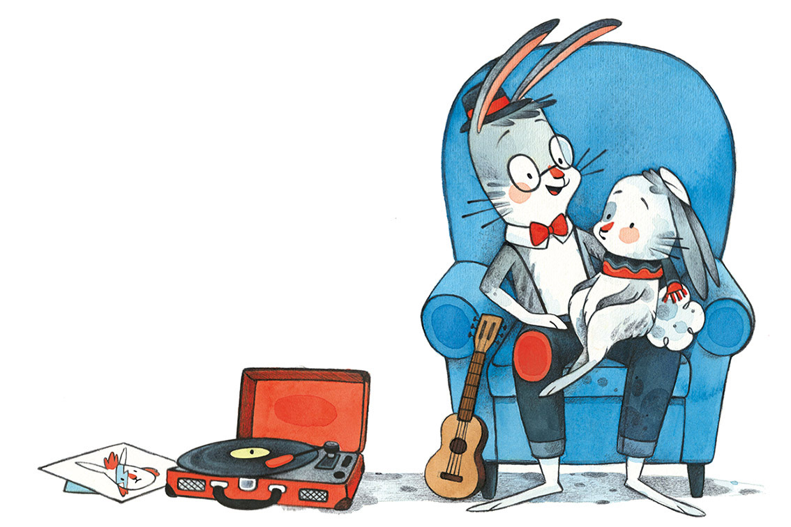 Watercolor illustration of rabbit family. Music, vintage record player