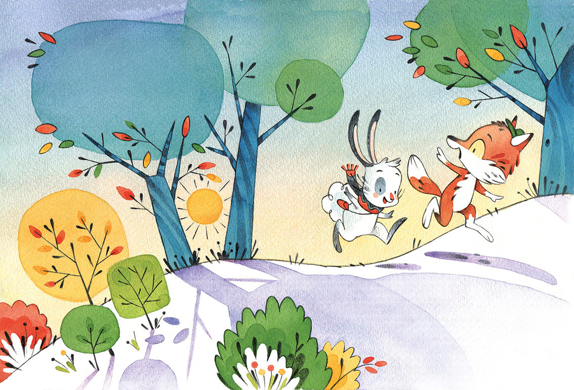Illustration of Pompon the bunny playing with a friend in the forest