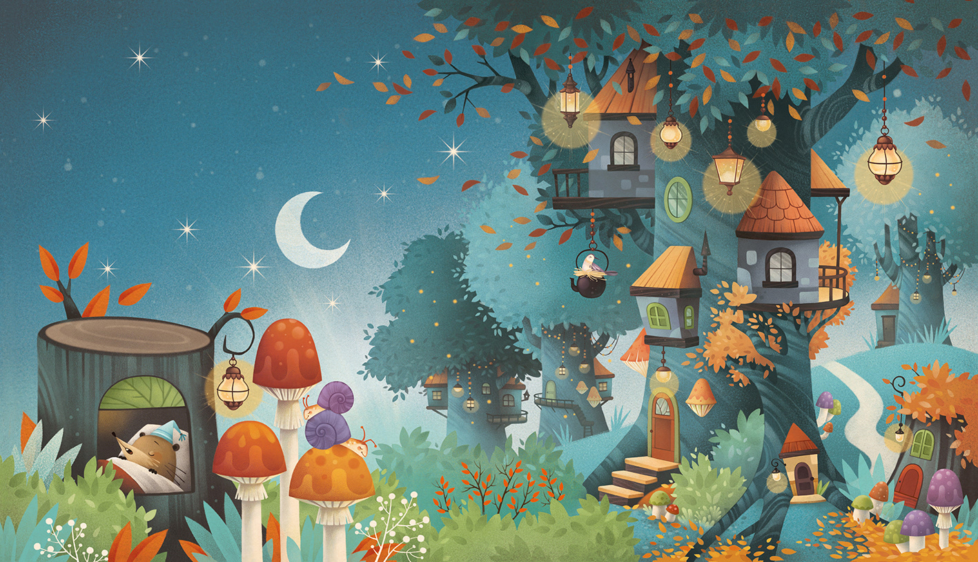 Treehouse night scene illustration