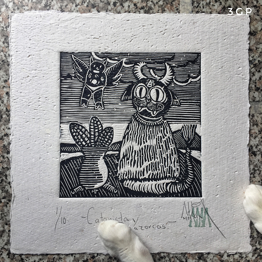 Linoleo sobre papel algodón artesanal.