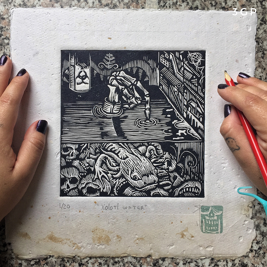 Linoleo sobre papel algodón artesanal.