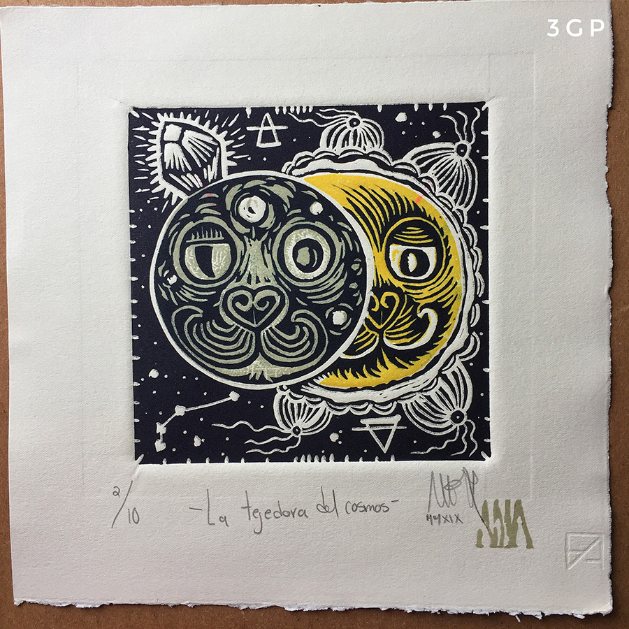 2 color linocut on cotton paper.