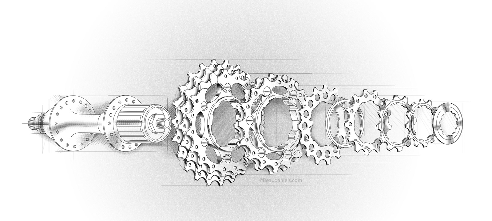 Bicycle Hub and gears, exploded technical illustration.