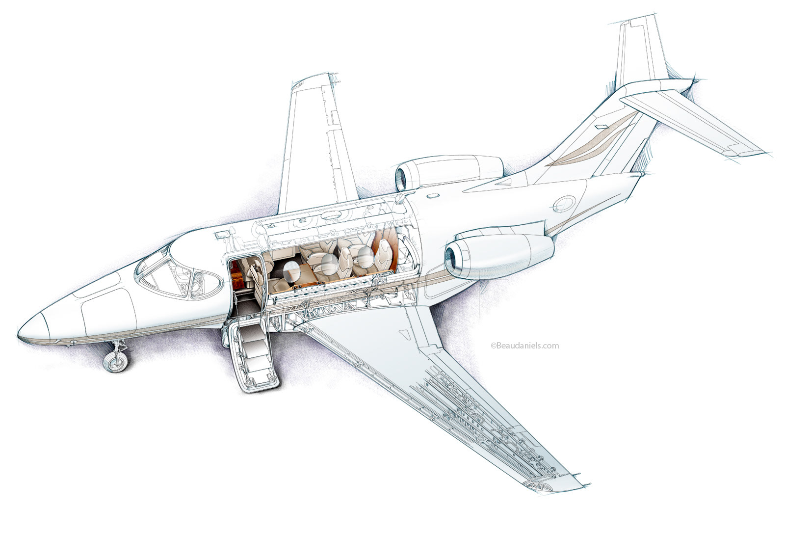 Raytheon corporate jet, cutaway technical drawing. Raytheon Industries