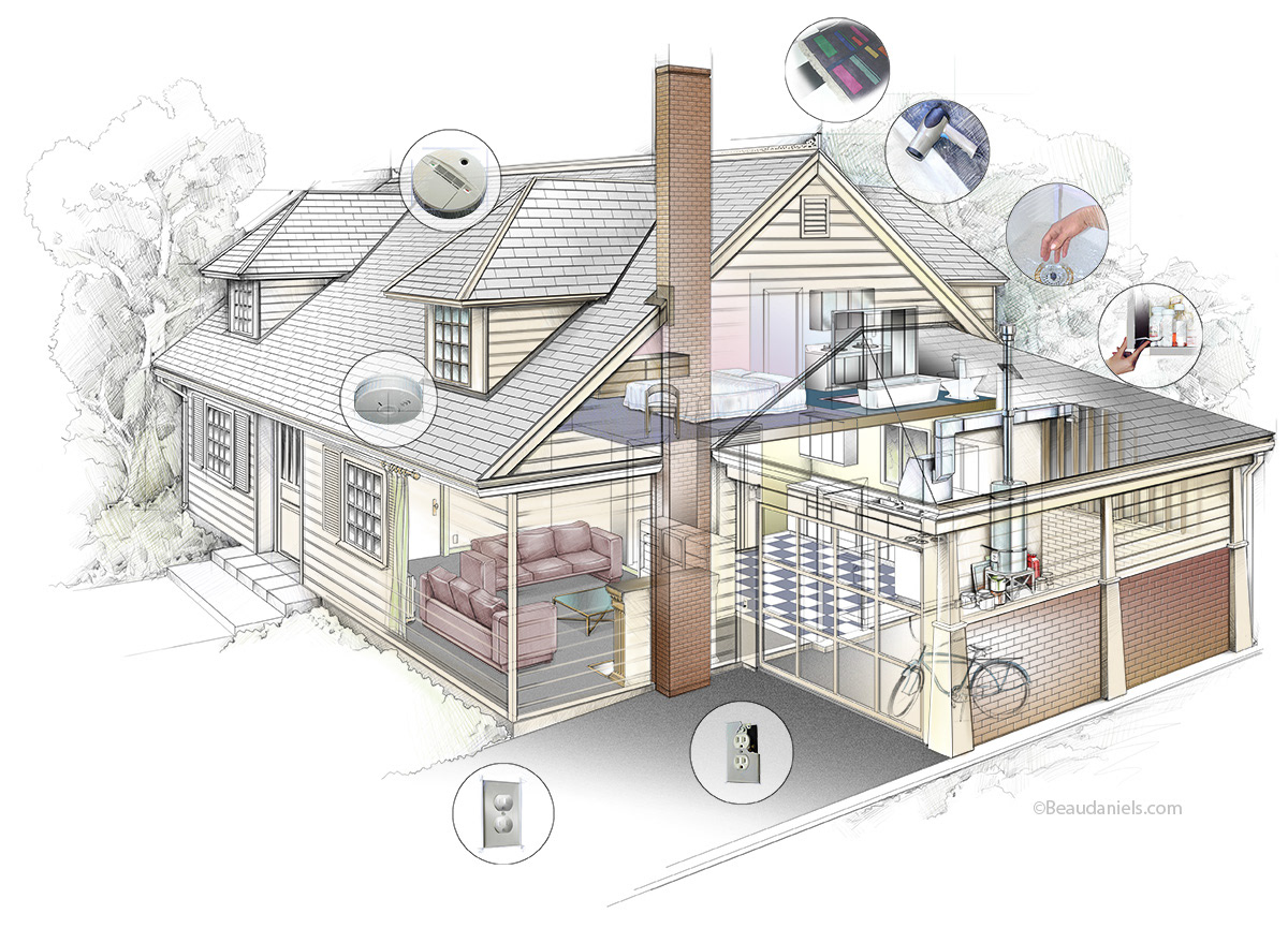 Cutaway house, showing safety precautions that can be in place.