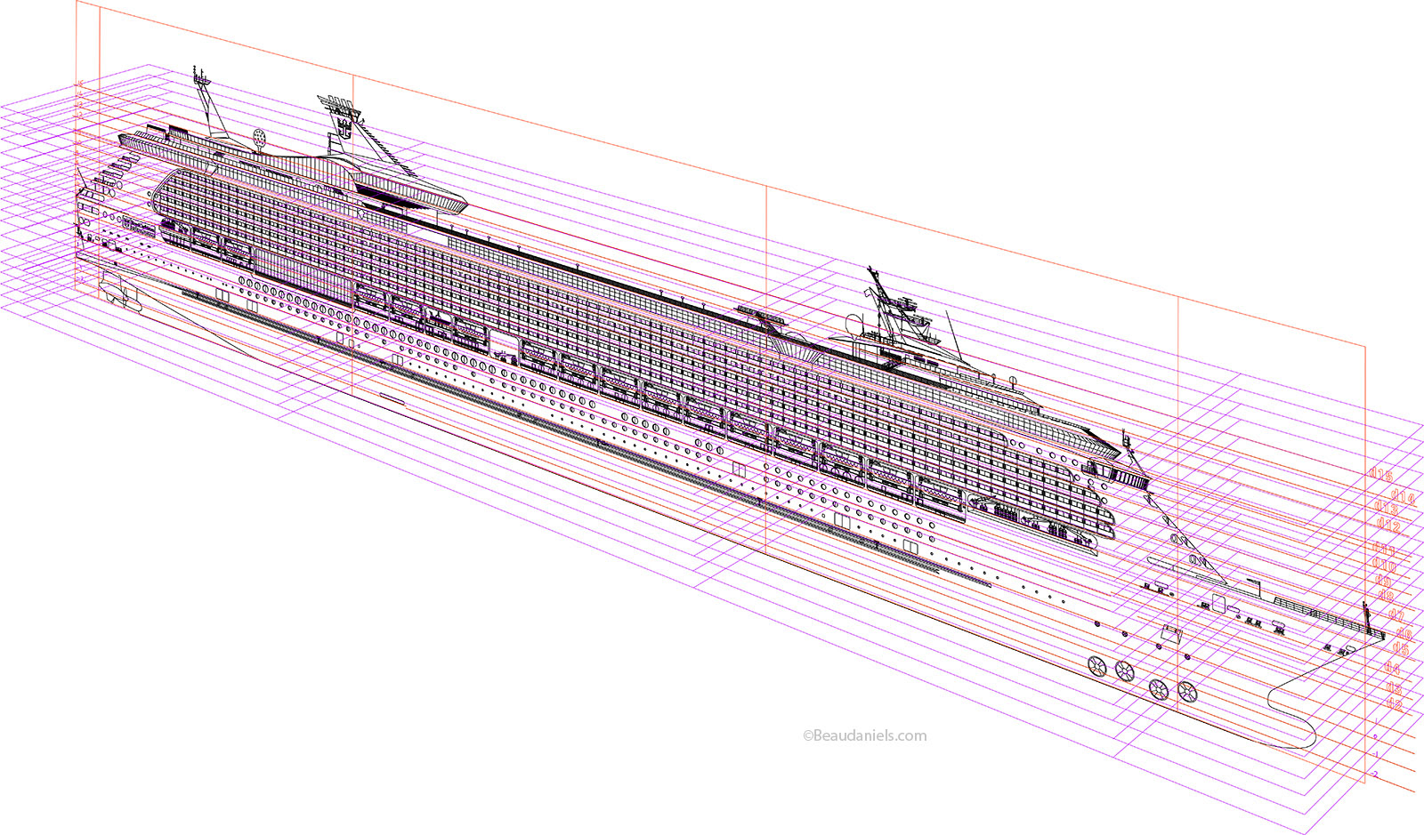 First inking of the profile in ilustrator, corrected dimensions and deck layout. "Freedom of the Seas"