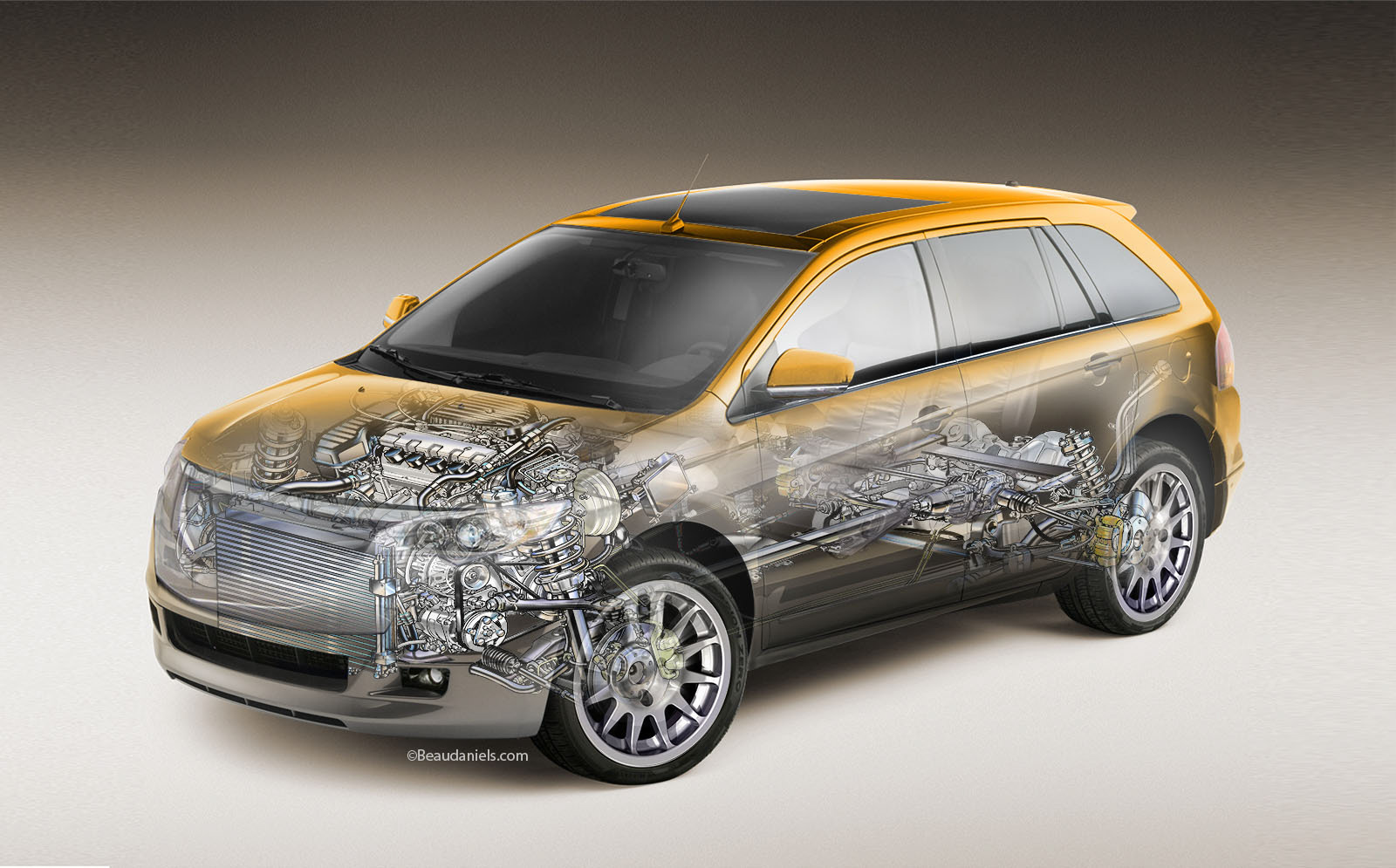 Crossover vehicle cutaway illustration.