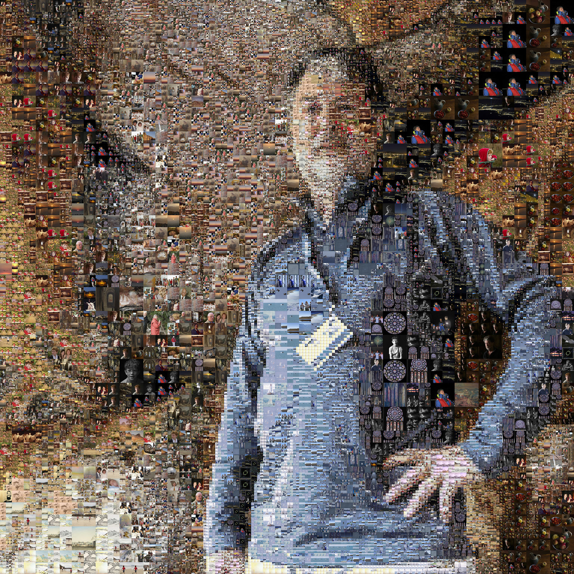 JONATHON ALAN LLOYD REES, 1958 - Born Sydney, AustraliaGrandson of Lloyd. Image based on a 2018 self-portrait taken in a cave at Swift Bay in the Kimberley. Mosaic images sourced from my collection of: " 118 images of his grandfather's work, " 139 images of art photography, and " 437 family photographs. Inkjet print on Ilford Galerie Textured cotton rag. Image 100 cm x 100 cm