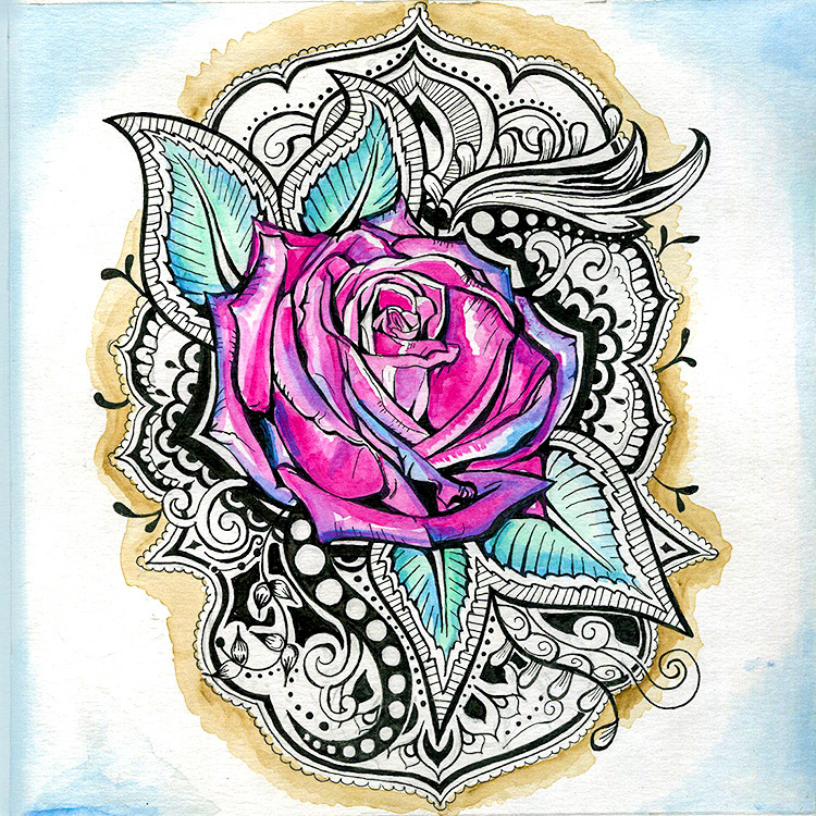 "Henna Rose" 8"x8" Pens and Watercolors