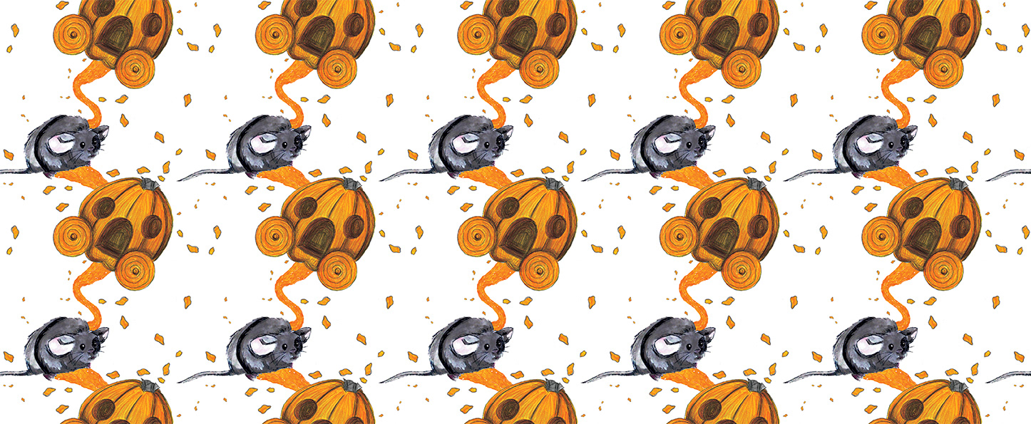 Mixed media illustration, using black biro, orange coloured pencil, orange, black, and pink watercolours, and digital editing. A digitally produced pattern of a mouse and the pumpkin carriage, accompanied by trails and chunks of pumpkin.