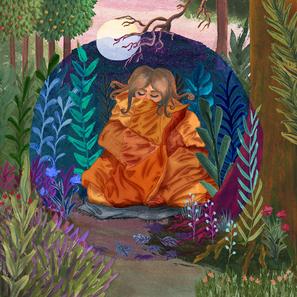 CARRY THE NIGHT, gouache illustration of girl encapsuled in a circle of night