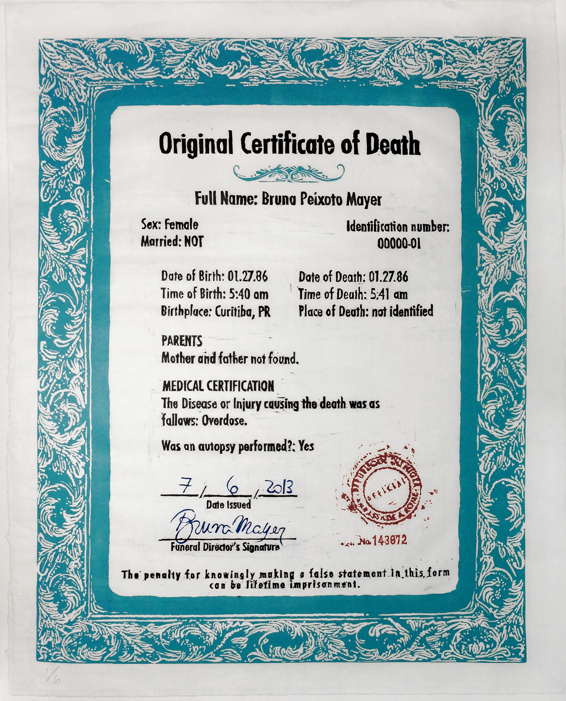 Bruna Mayer, art, arte, gravura, atestado de óbito, original certificate of death, printmaking arte contemporânea contemporary art