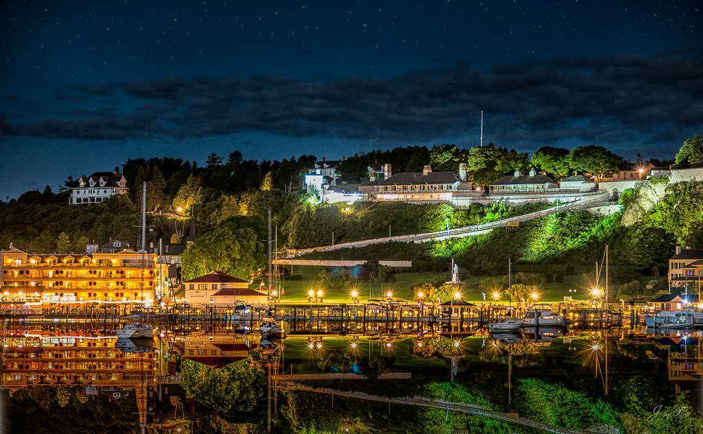 Mackinac Island at night with incredible view and reflection on the water