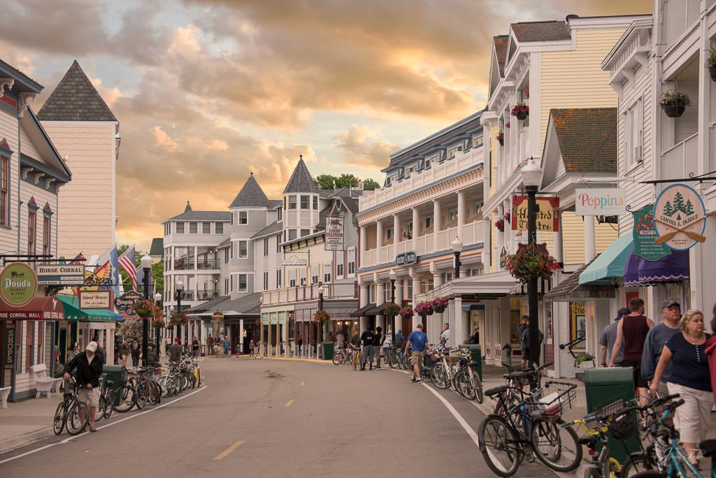 Sunset skies early evening on Main Street, Mackinac Island
