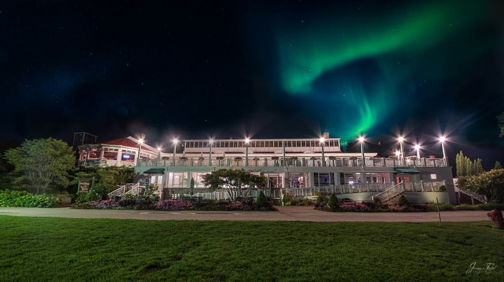 Mackinac Island at Night - Mission Point Resort , Aurora in sky
