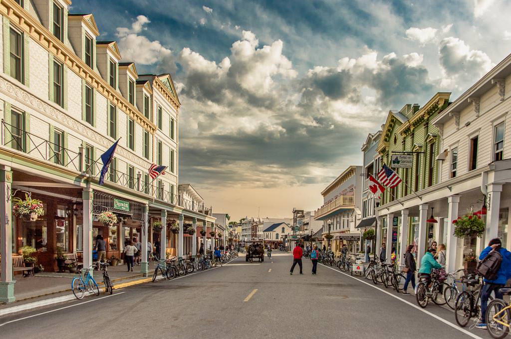 Sunset skies early evening on Main Street, Mackinac Island