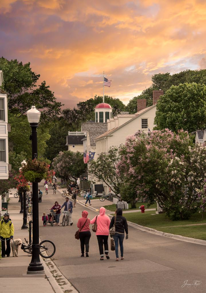 Sunset skies early evening on Market Street, Mackinac Island