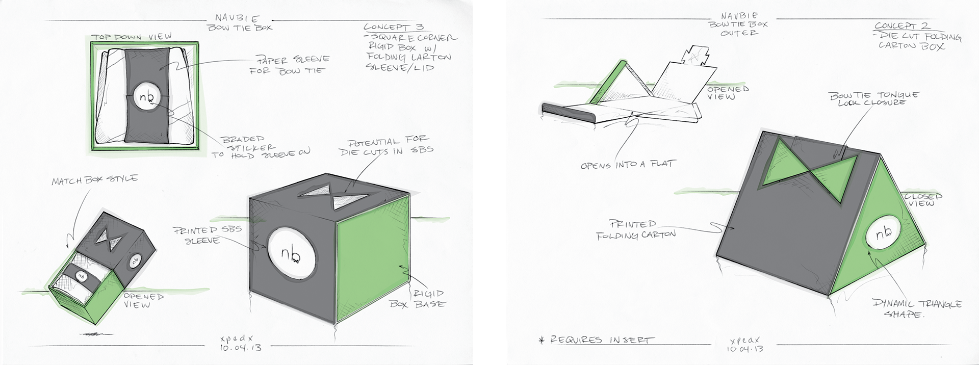 Concept sketches for Naubie's bow tie packaging designed by Andrew Thompson