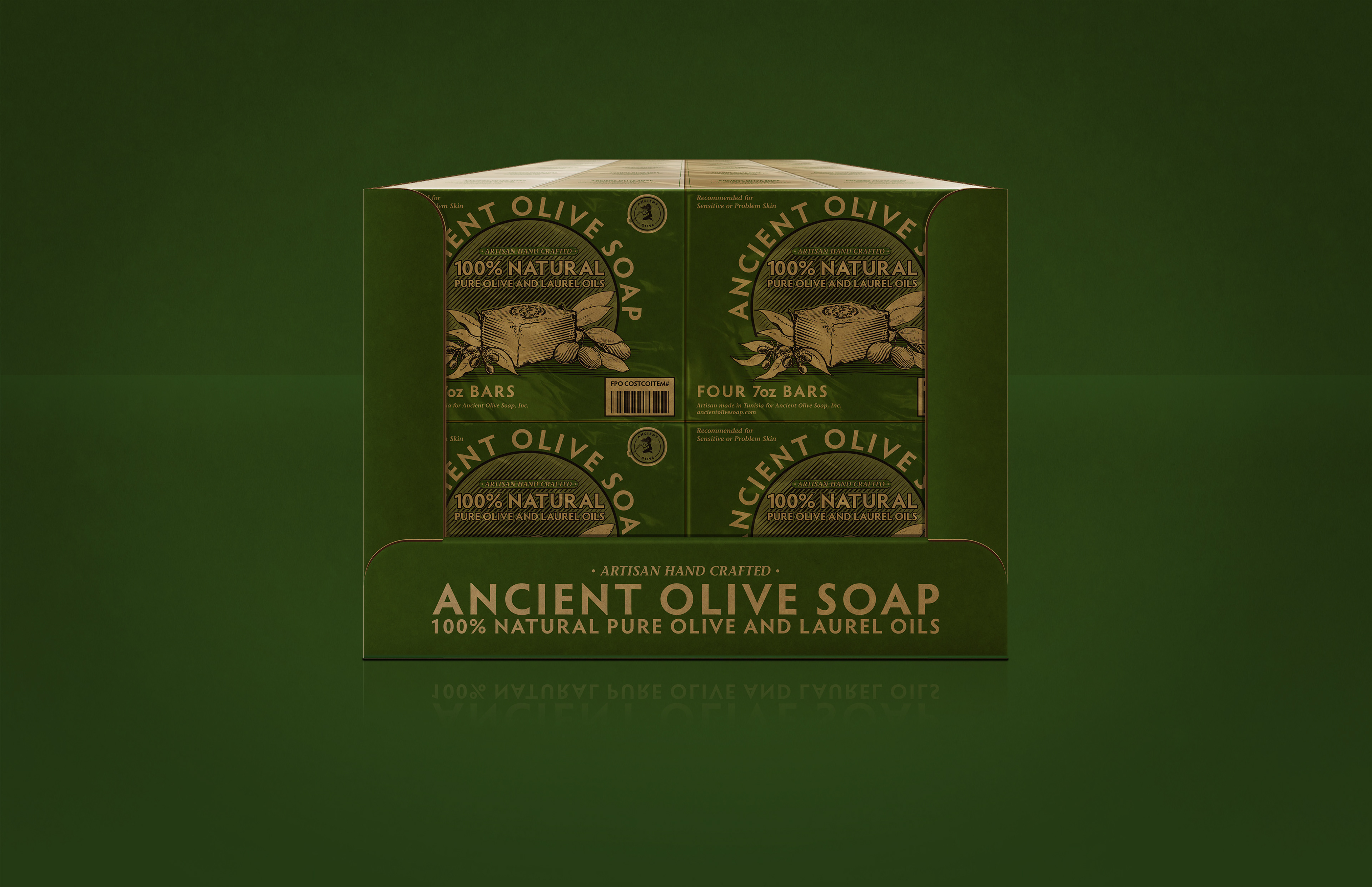 3D Rendering of Ancient Olive Soap's Club Store 4 Pack Display Tray designed by Andrew Thompson